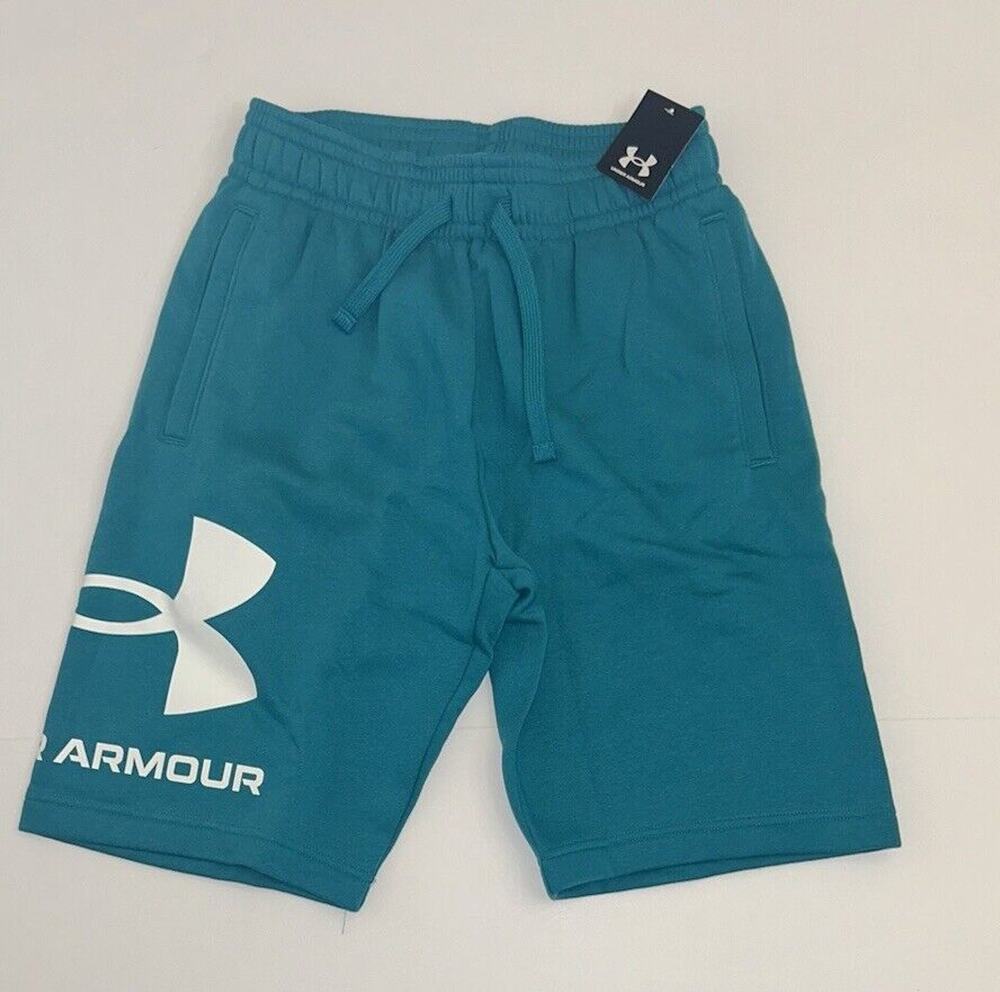 UNDER ARMOUR Mens Green White RIVAL Fleece Big Logo Shorts Small NWT
